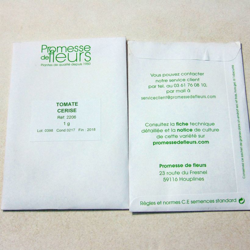 Voorbeeld van een exemplaar van Cherrytomaat het zakje met 500 zaden (1g) zoals geleverd