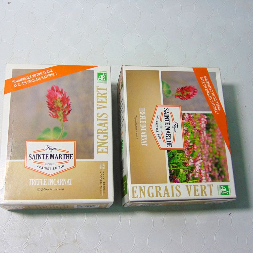 Voorbeeld van een exemplaar van Inkarnaatklaver BIO groenbemester Ferme de Sainte Marthe - Trifolium incarnatum het zakje zaden van 300 gram zoals geleverd