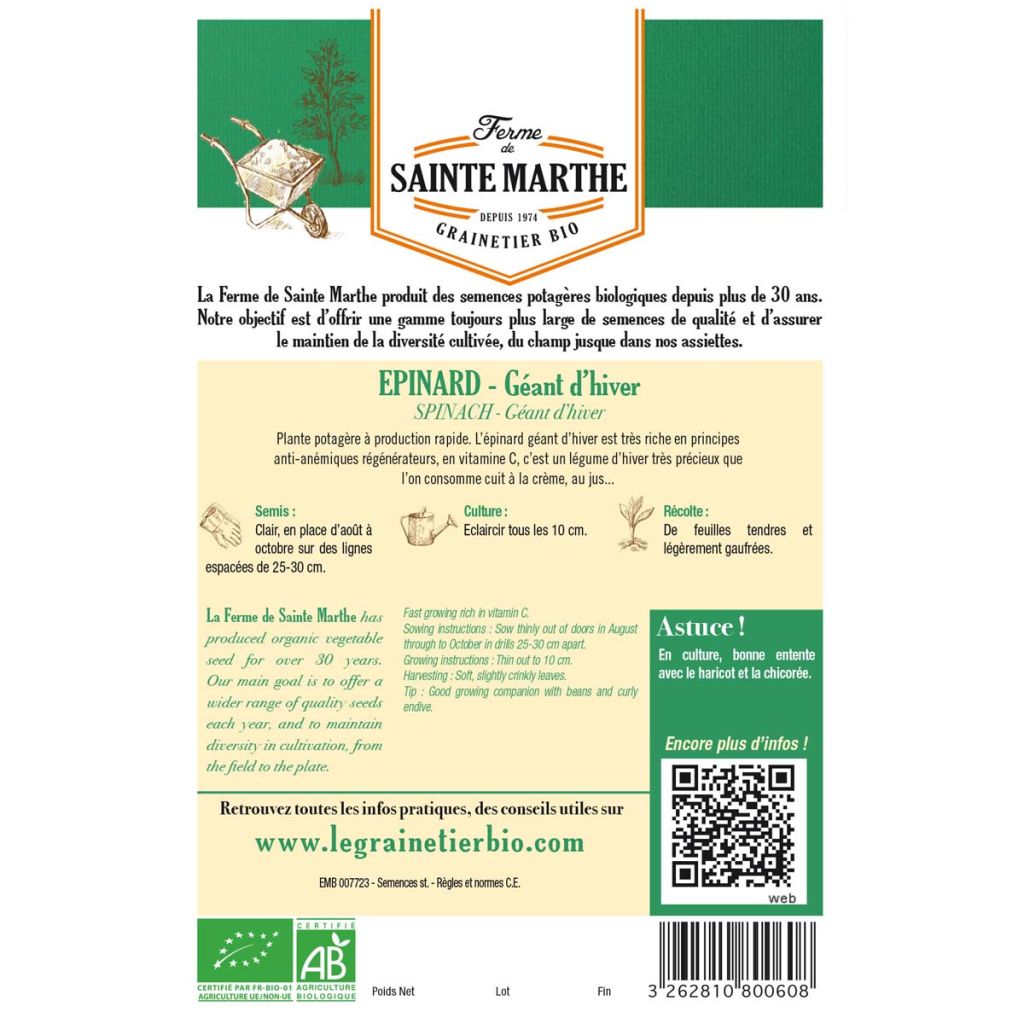 Epinard Géant d'Hiver Bio - Ferme de Sainte Marthe 