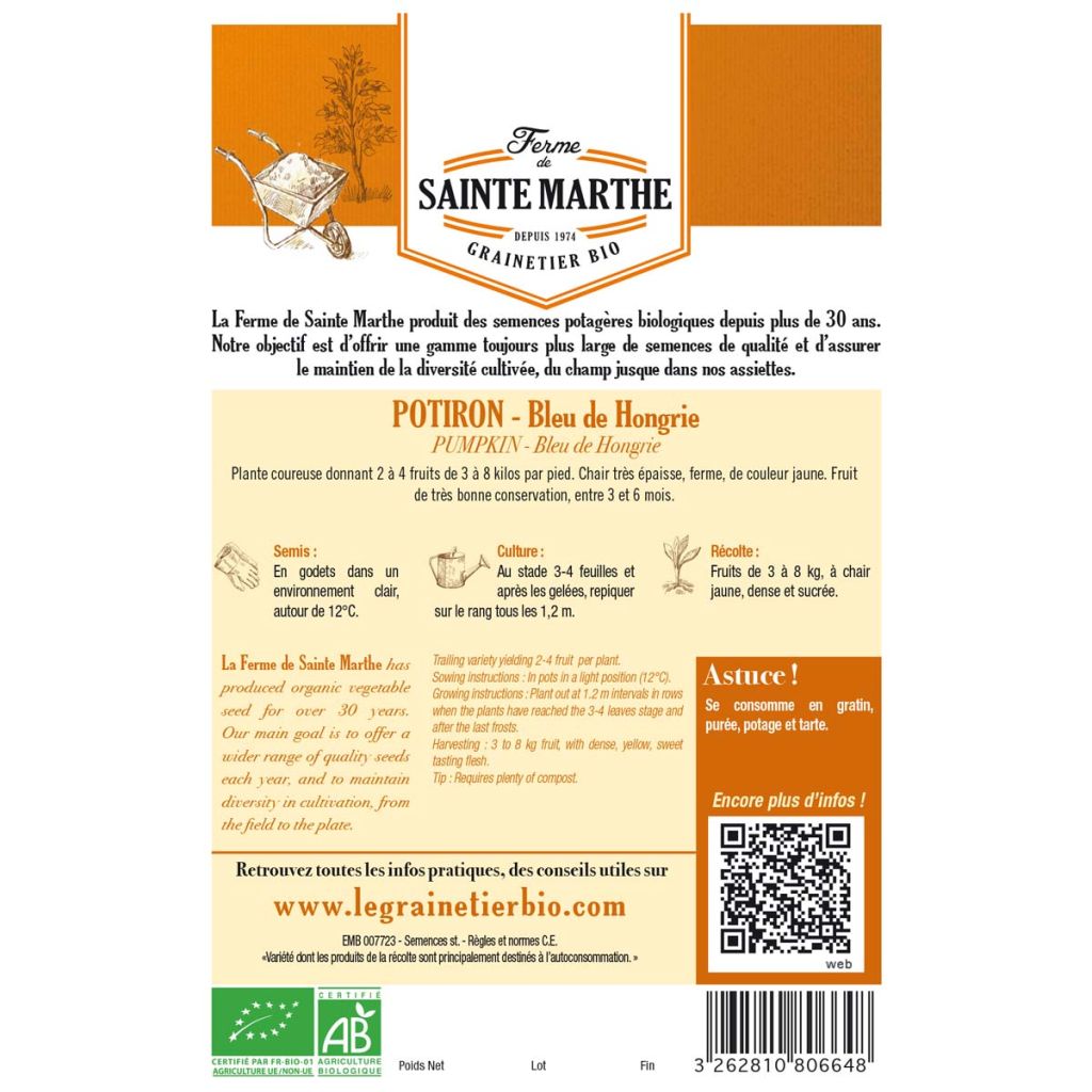 Pompoen Bleu de Hongrie BIO - Ferme de Sainte Marthe